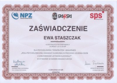 Zaświadczenie - Ewa Staszczak - psychoterapia uzależnień