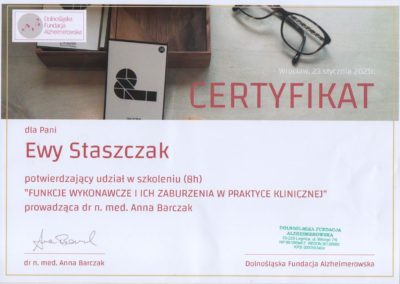 Certyfikat ze szkolenia "Funkcje wykonawcze i ich zaburzenia w praktyce klinicznej" - psycholog Ewa Staszczak