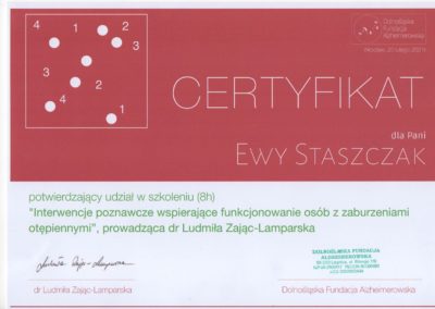 Certyfikat ze szkolenia "Interwencje poznawcze wspierające funkcjonowanie osób z zaburzeniami otępiennymi" - psycholog Ewa Staszczak