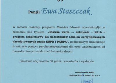 Certyfikat - szkolenie terapeutów osób uzależnionych - Ewa Staszczak