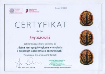 Certyfikat ze szkolenia "Ocena neuropsychologiczna w otępieniu i łagodnych zaburzeniach poznawczych" - psycholog Ewa Staszczak